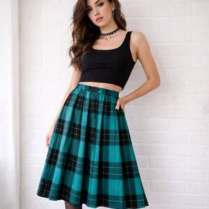 Vintage Pure Wool Emerald green Pink Plaid Midi Skirt Metallic Threading Sz 8